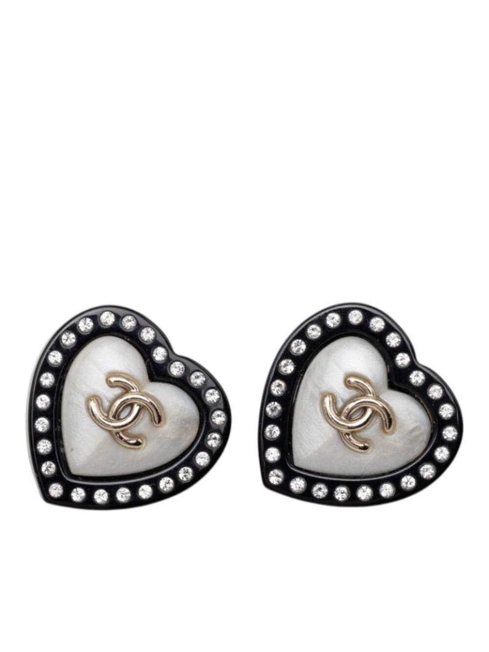 Chanel CC Logo Stud Earrings Heart Black Gold Rhinestone Plated